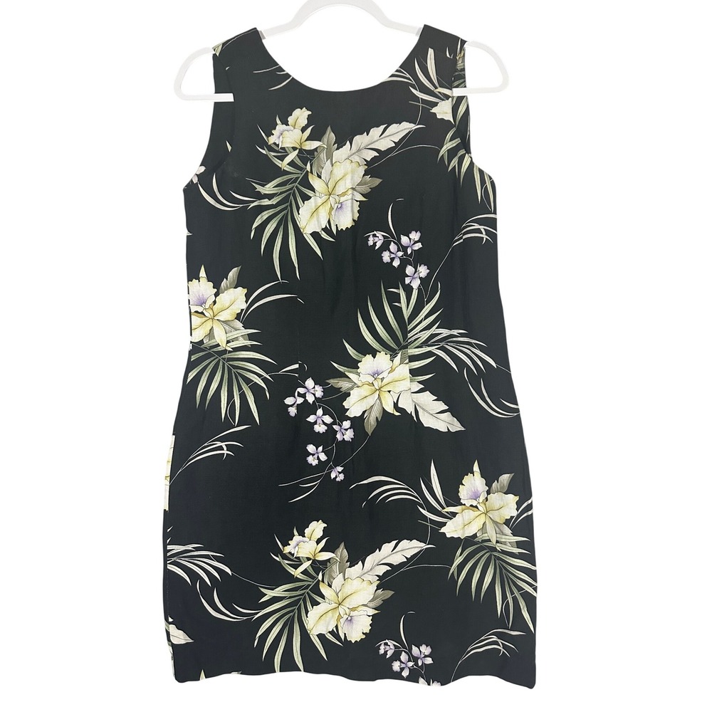 Tommy Bahama Vtg Black Floral Sleeveless Dress Sz 6 Linen‎ Silk Hawaiian Coastal